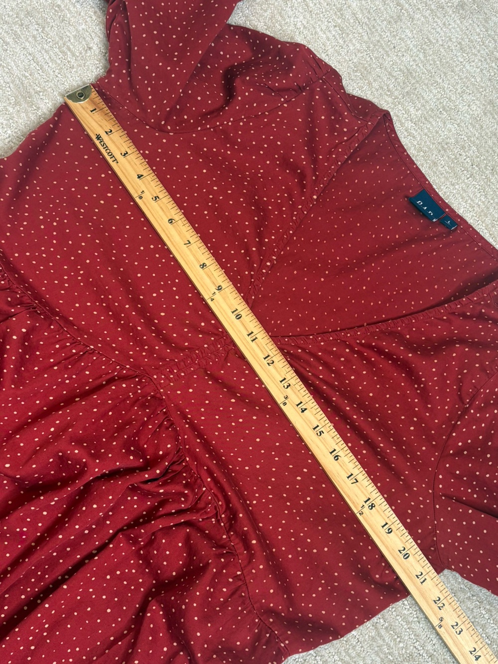 GAP Polka Dot Puff Sleeve Babydoll Midi Dress Size Large Red Tiered Ruffle Hem - Picture 8 of 12